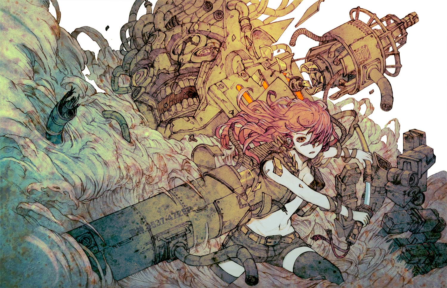 bandage, bikini_top, breasts, cleavage, katana, long_hair, mechagirl, orange_eyes, original, polychromatic, red_hair, shorts, sword, thighhighs, waifu2x, weapon, wyx2, zettai_ryouiki