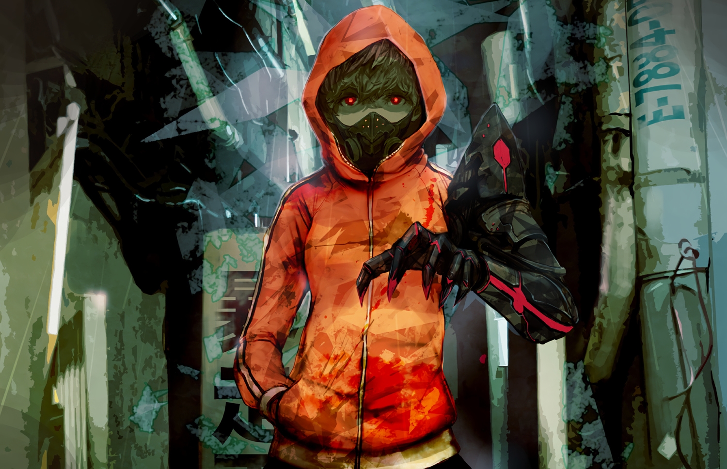 hood, mask, original, red_eyes, short_hair, techgirl, waifu2x, wyx2