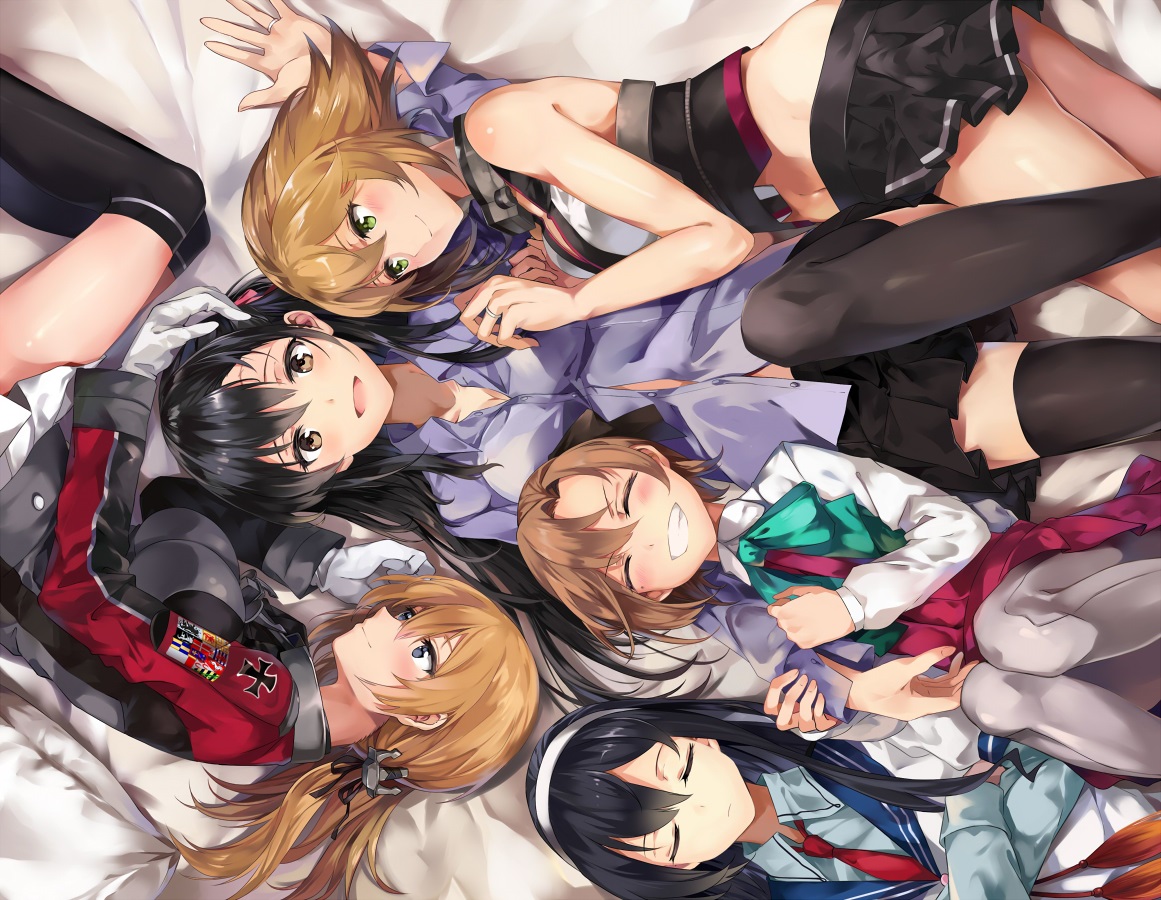 admiral_(kancolle), akigumo_(kancolle), aliasing, anthropomorphism, black_hair, blonde_hair, blush, breasts