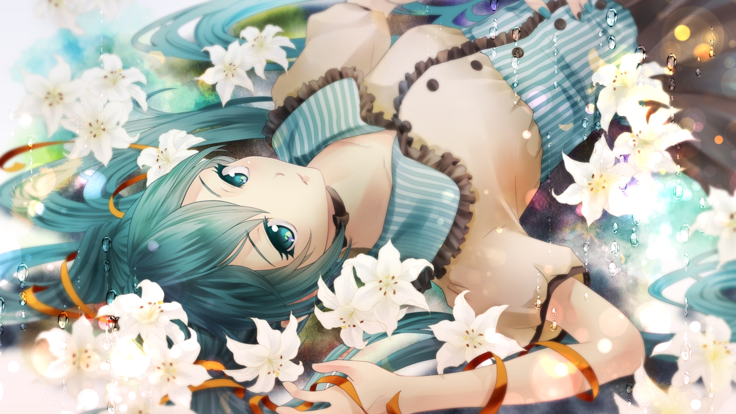 aqua_eyes, aqua_hair, flowers, hatsune_miku, kururi_(oekaki_nikki), long_hair, twintails, vocaloid