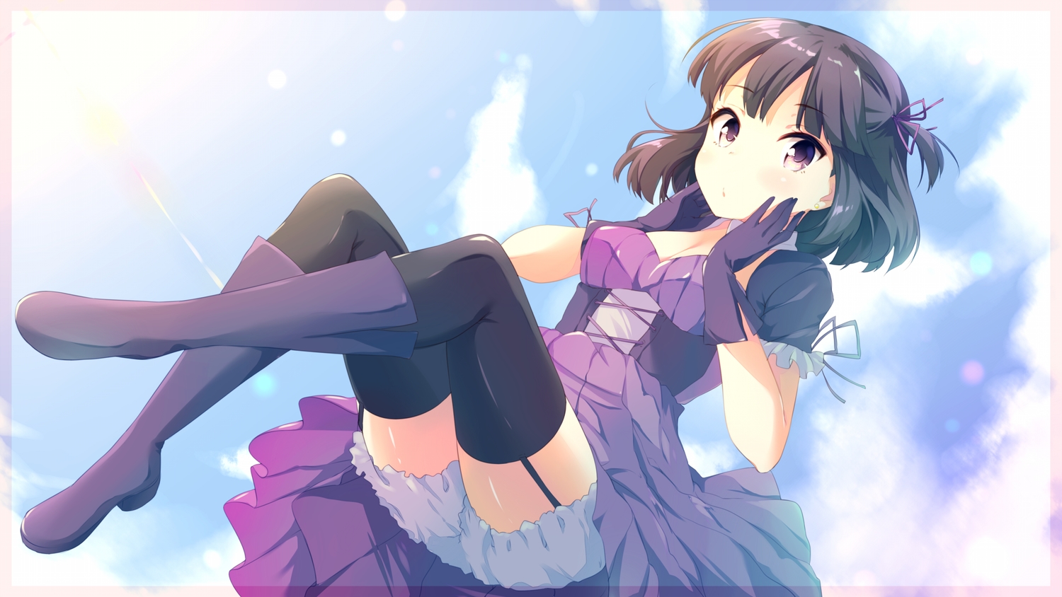 bloomers, boots, breasts, brown_hair, cleavage, clouds, corset, dress, garter_belt, gloves, kotonoha_zaja, original, purple_eyes, short_hair, sky, stockings, thighhighs