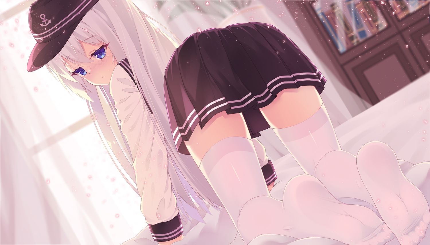 anthropomorphism, blue_eyes, blush, book, hat, hibiki_(kancolle), kantai_collection, long_hair