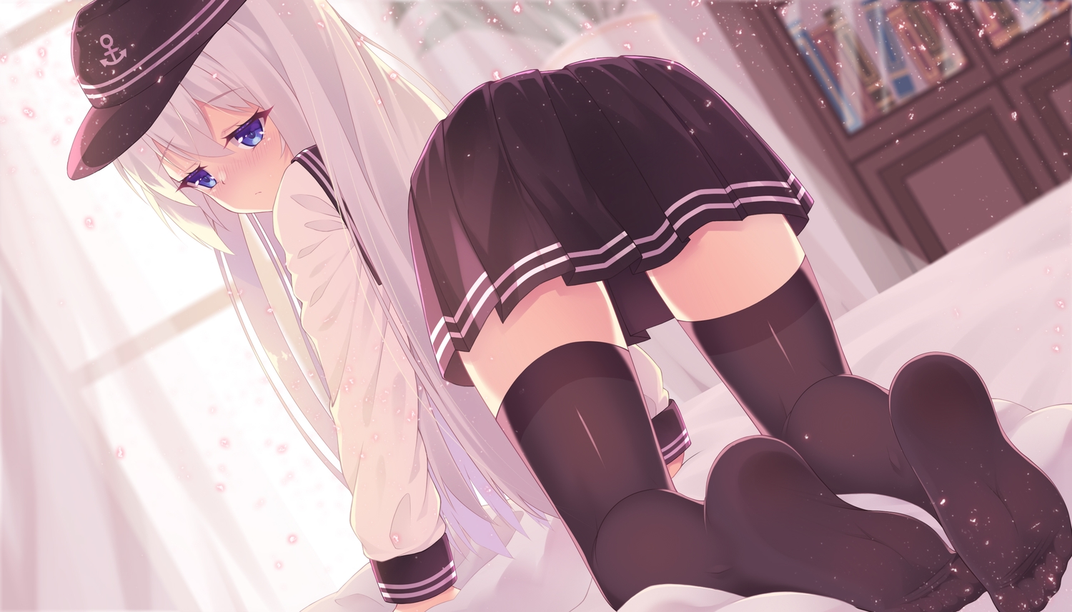 anthropomorphism, blue_eyes, blush, book, hat, hibiki_(kancolle), kantai_collection, long_hair, natsu97, school_uniform, skirt, white_hair