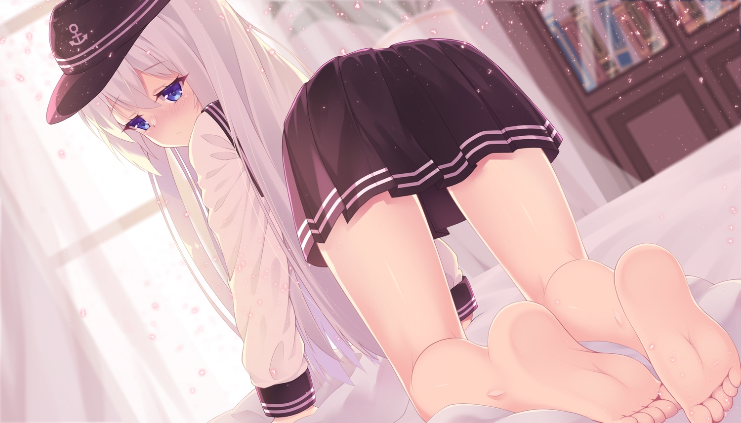anthropomorphism, barefoot, blue_eyes, blush, book, hat, hibiki_(kancolle), kantai_collection, long_hair, natsu97, school_uniform, skirt, white_hair