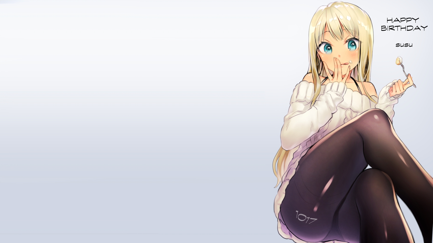 alessandra_suusu, aqua_eyes, blonde_hair, cake, food, gradient, long_hair, pantyhose, shirako_sei, tokyo_7th_sisters
