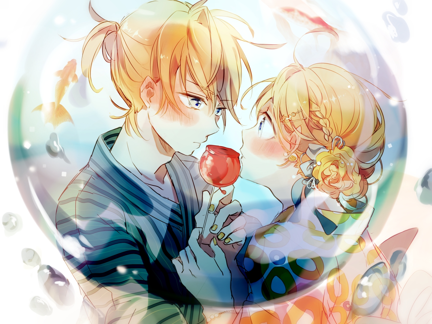 animal, apple, blonde_hair, blue_eyes, blush, braids, candy, fish