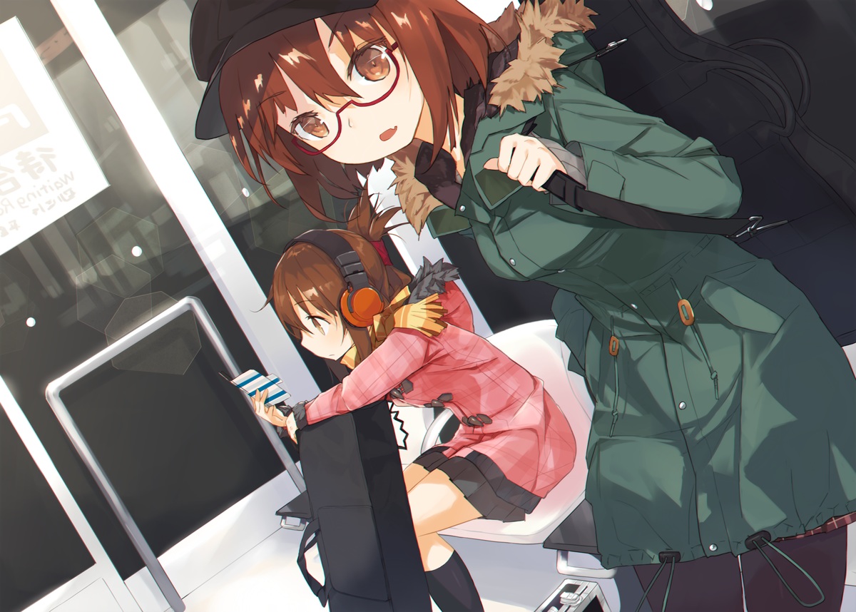 2girls, anthropomorphism, brown_eyes, brown_hair, fang, glasses, harapeko_(886011), hat, headphones, hood, ikazuchi_(kancolle), inazuma_(kancolle), instrument, kantai_collection, kneehighs, scarf, short_hair, skirt