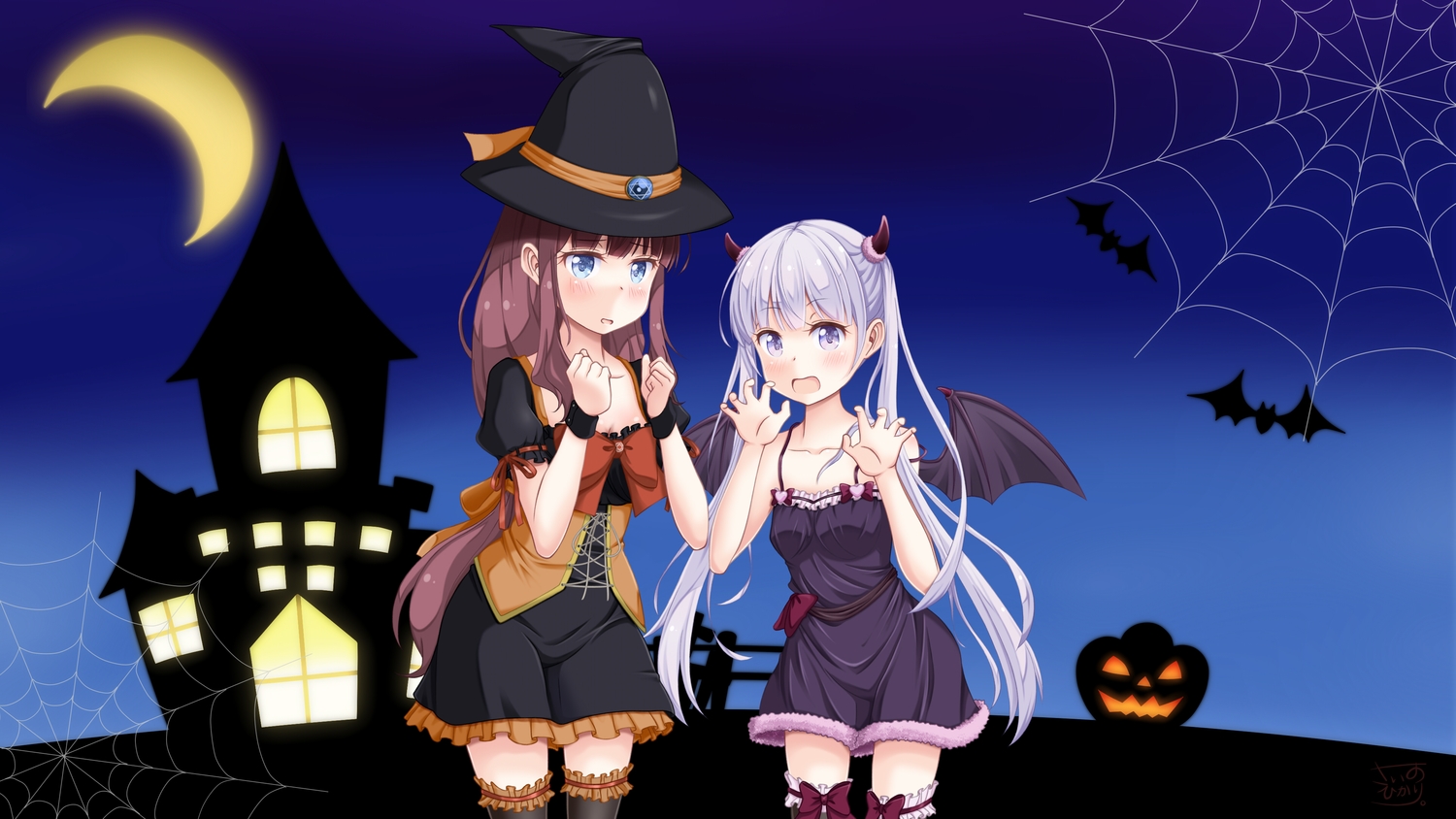 2girls, blue_eyes, cosplay, halloween, hat, horns, long_hair, new_game!, purple_eyes, purple_hair, sainohikari, suzukaze_aoba, takimoto_hifumi, thighhighs, twintails, wings, witch, zettai_ryouiki
