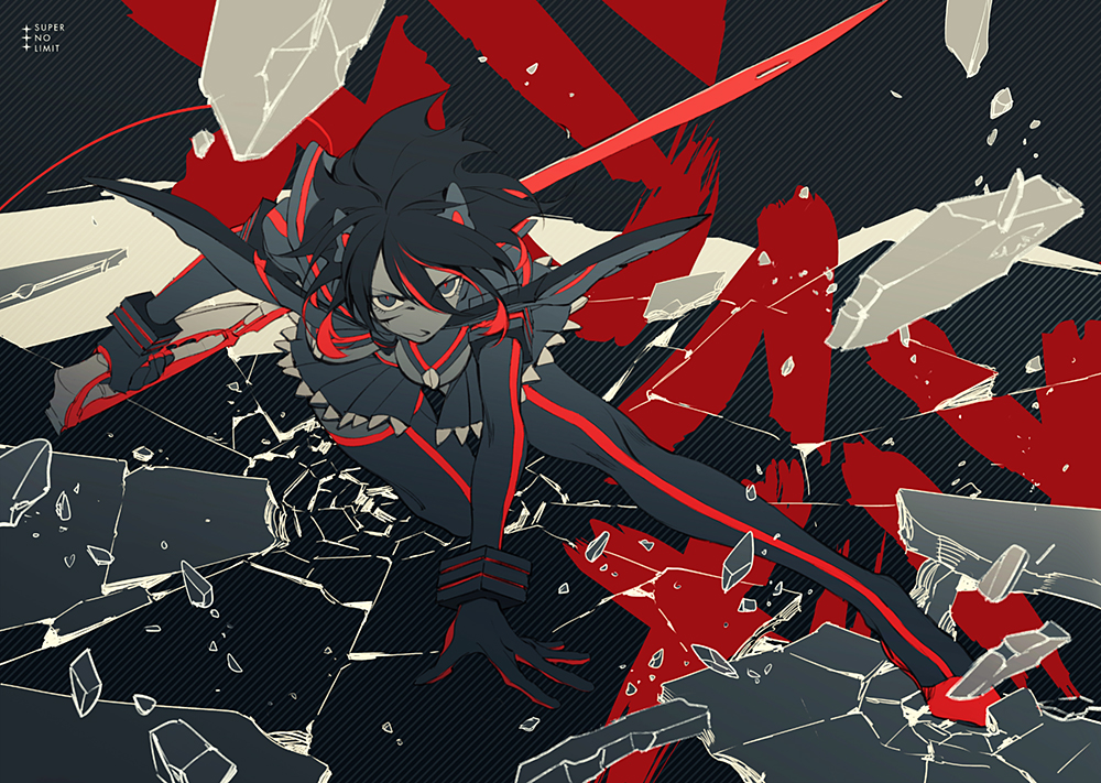 bodysuit, breasts, gloves, kill_la_kill, matoi_ryuuko, polychromatic, rei_(sanbonzakura), short_hair, sword, thighhighs, weapon