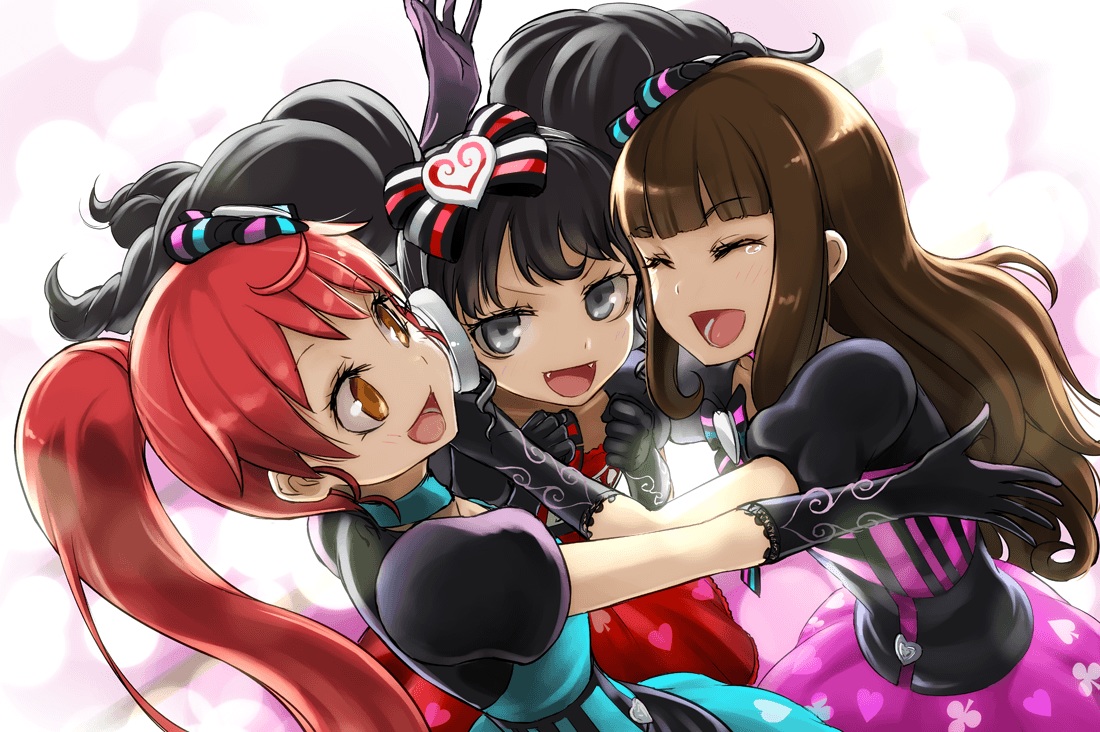 black_hair, bow, brown_hair, dress, fang, gaaruru, gloves, gray_eyes, kurosu_aroma, long_hair, orange_eyes, ponytail, pripara, red_hair, shiratama_mikan, tea_(nakenashi), twintails