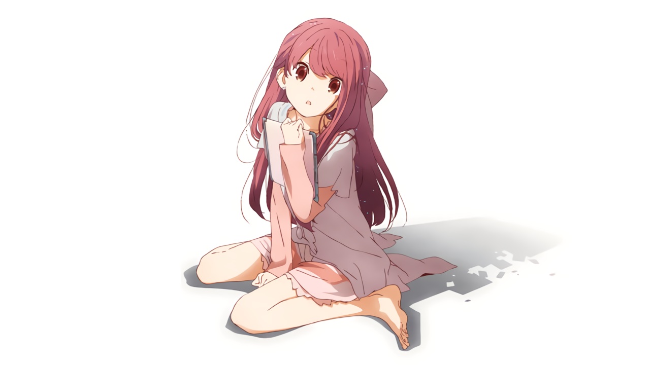 barefoot, bow, dress, long_hair, pink_hair, red_eyes, rin_(shelter), shelter