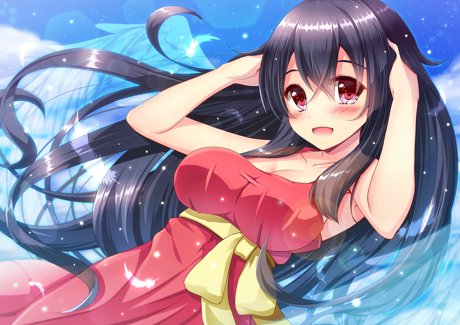 akine_(kuroyuri), black_hair, blush, breasts, cleavage, clouds, dress, feathers