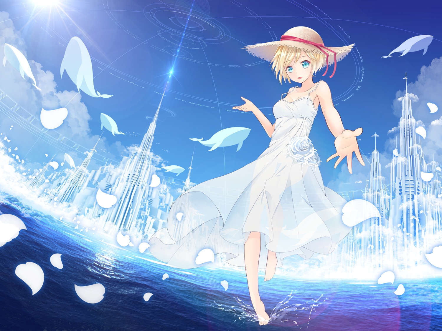 aliasing, aqua_eyes, barefoot, blonde_hair, blue, breasts, building, city, cleavage, clouds, dress, hat, magic, original, petals, see_through, short_hair, sky, summer_dress, water, yoshimo_(yoshiki_qaws)
