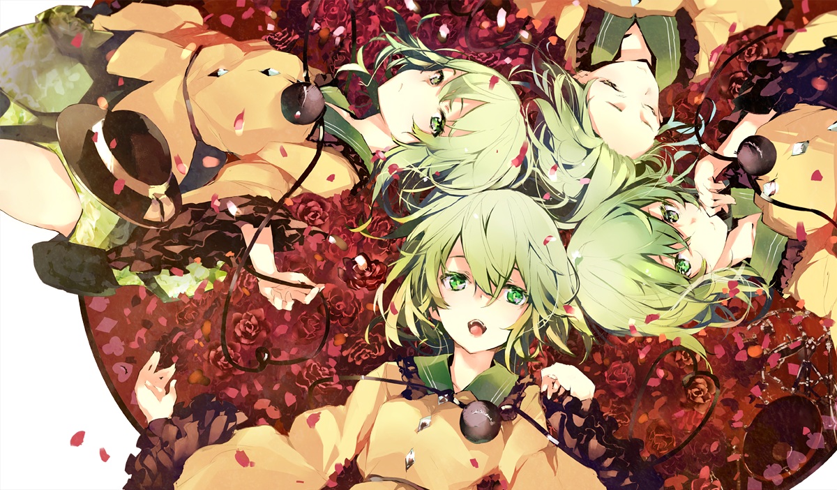 dress, flowers, green_eyes, green_hair, hat, komeiji_koishi, petals, rose, short_hair, shunsei_(muratou), sleeping, touhou
