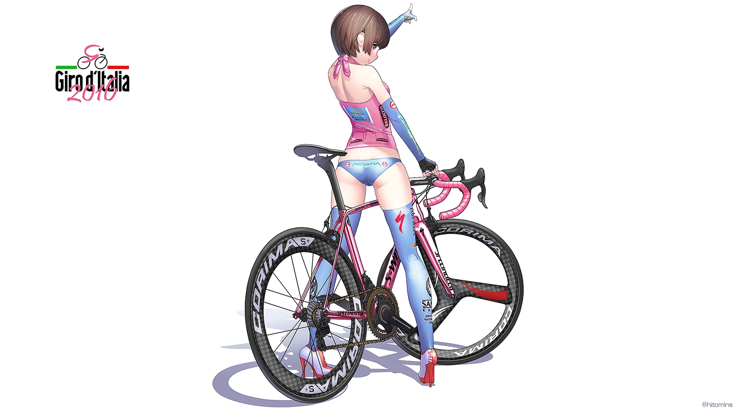ass, bicycle, brown_eyes, brown_hair, elbow_gloves, gloves, hitomi_kazuya, logo