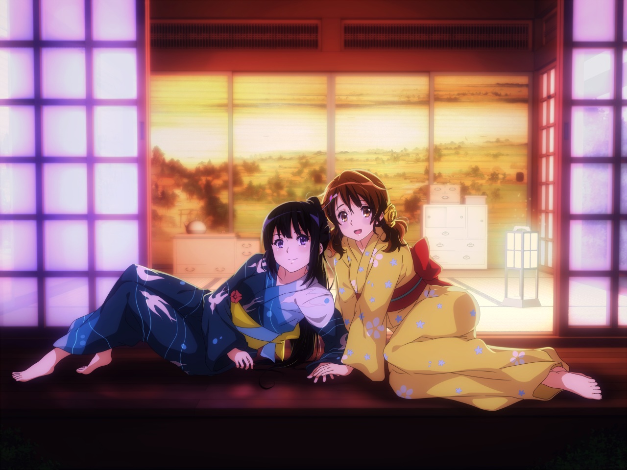 2girls, barefoot, black_hair, brown_eyes, brown_hair, hibike!_euphonium, japanese_clothes, kousaka_reina, long_hair, oumae_kumiko, ponytail, purple_eyes, sbel02, twintails, yukata