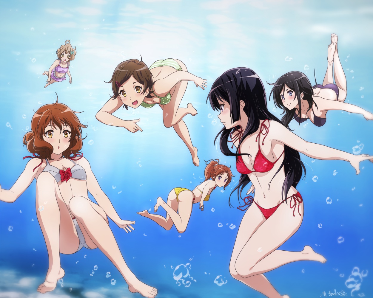 bikini, black_hair, breasts, brown_hair, bubbles, cleavage, gray_eyes, group, hibike!_euphonium, katou_hazuki, kawashima_sapphire, kousaka_reina, long_hair, nakagawa_natsuki, navel, oumae_kumiko, ponytail, purple_eyes, sbel02, short_hair, swimsuit, tanaka_asuka, underwater, water, yellow_eyes