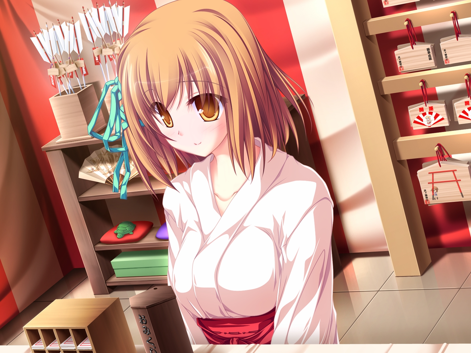 aliasing, brown_eyes, brown_hair, fan, game_cg, japanese_clothes, koyuki_amagase, magus_tale, miko, short_hair, tenmaso, whirlpool