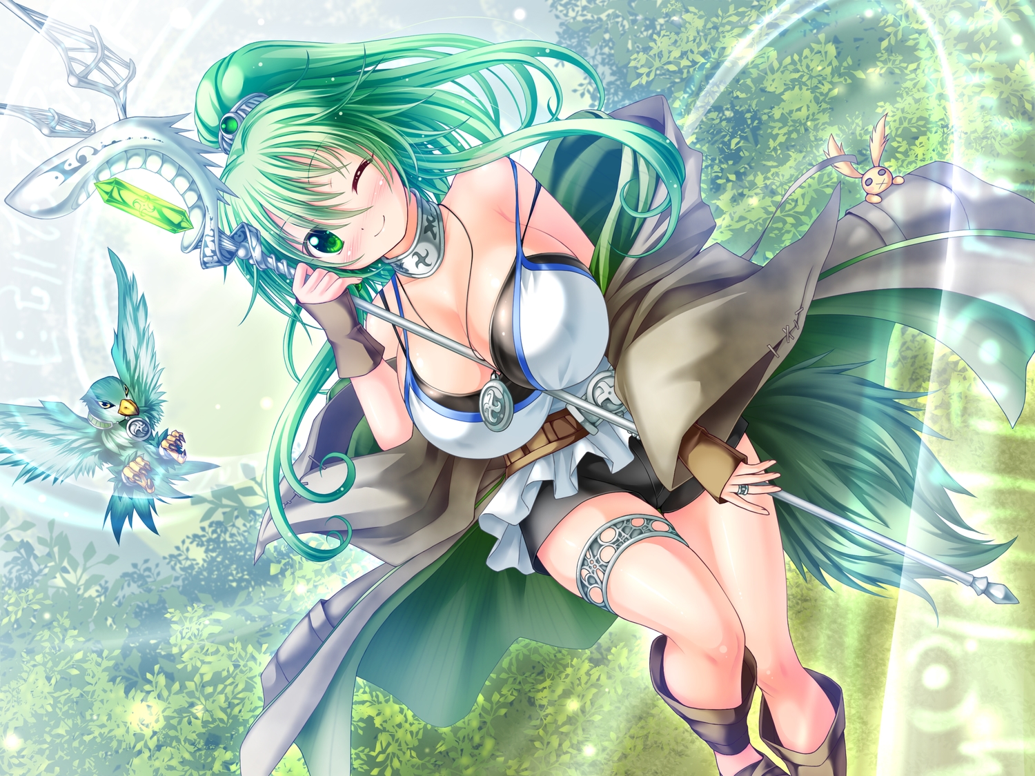 animal, breasts, choker, cleavage, garter, green, green_eyes, green_hair, long_hair, necklace, ponytail, staff, wind_of_winter, wristwear, wynn_the_wind_charmer, yu-gi-oh