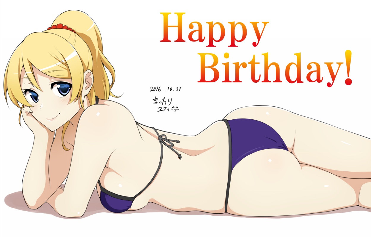 ass, ayase_eri, bikini, blonde_hair, blue_eyes, breasts, long_hair, love_live!_school_idol_project, mattari_yufi, ponytail, swimsuit