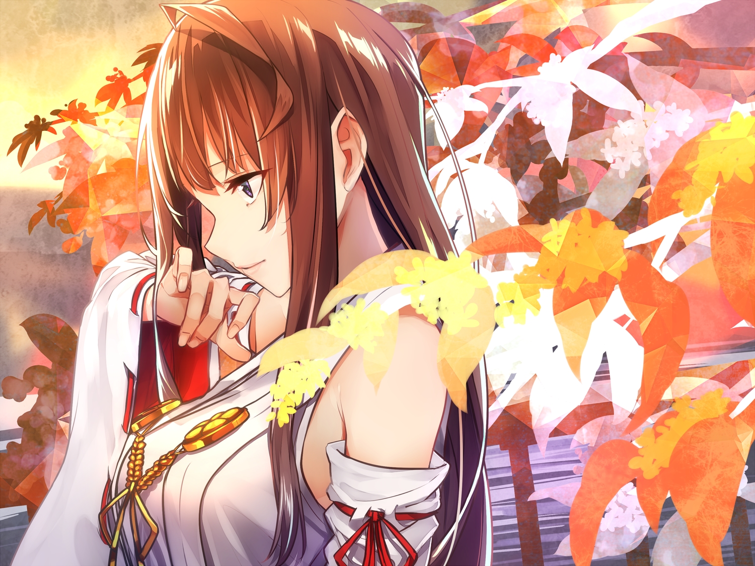 anthropomorphism, autumn, baffu, brown_hair, close, japanese_clothes, kantai_collection, kongou_(kancolle)