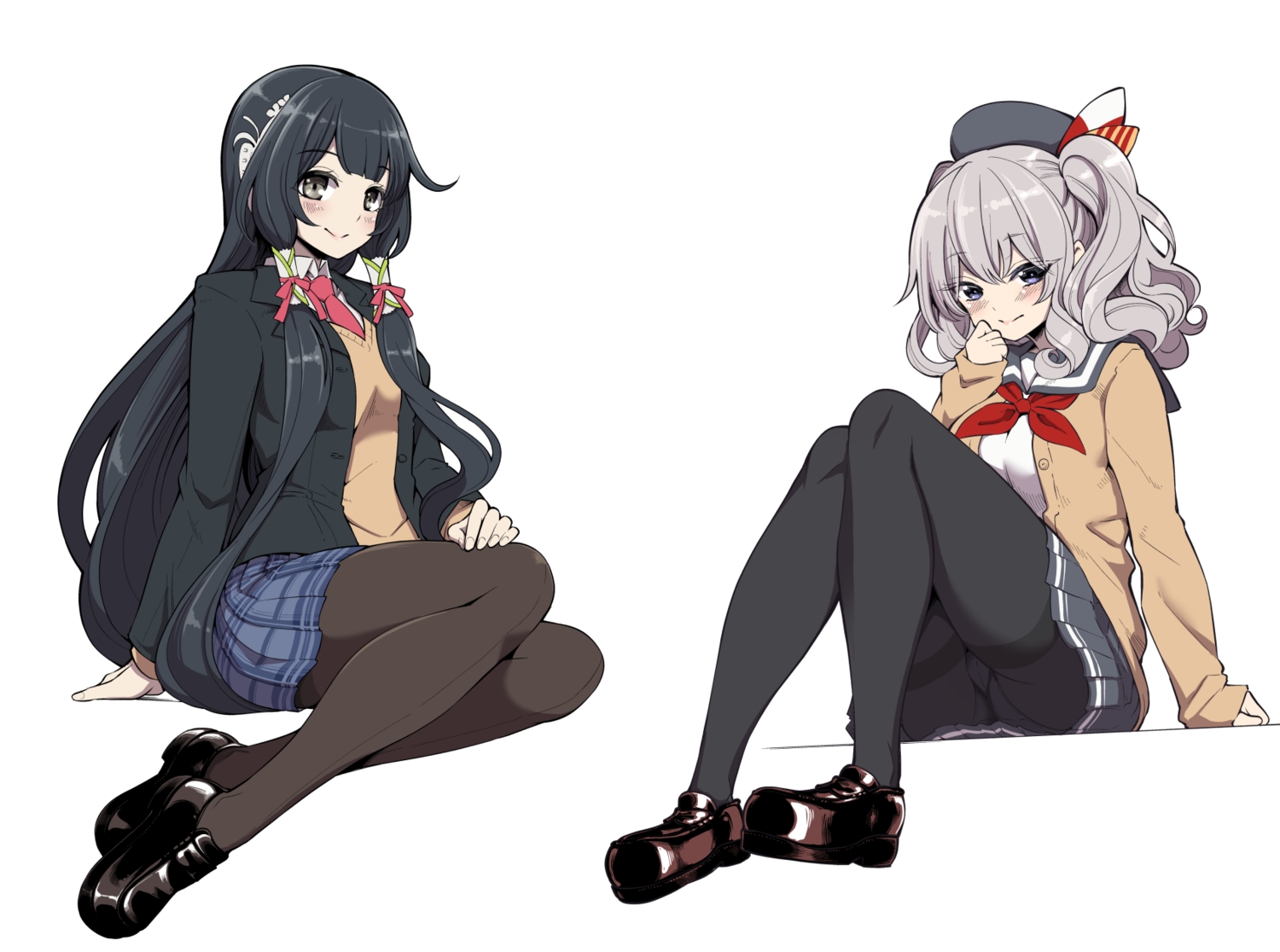 2girls, anthropomorphism, ass, black_hair, blush, cameltoe, gray_eyes, gray_hair, hanauna, hat, kantai_collection, kashima_(kancolle), long_hair, mizuho_(kancolle), pantyhose, school_uniform, twintails, white