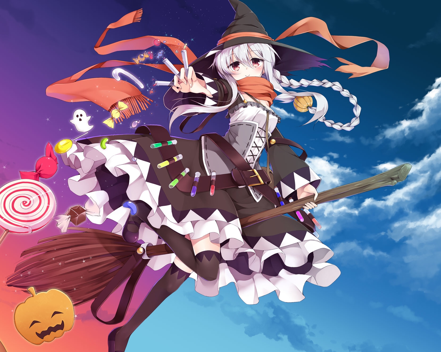 blush, braids, candy, clouds, dress, east01_06, halloween, hat, jpeg_artifacts, long_hair, magic, original, ponytail, pumpkin, red_eyes, scarf, sky, thighhighs, white_hair, witch, witch_hat