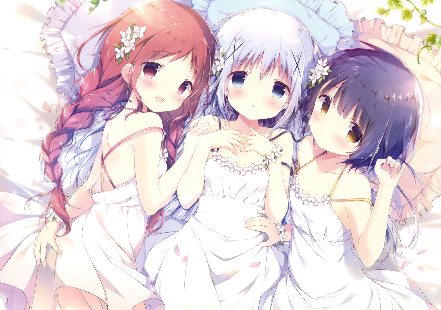 blue_eyes, blue_hair, blush, braids, dress, flat_chest, gochuumon_wa_usagi_desu_ka?, jouga_maya, kafuu_chino, loli, long_hair, natsu_megumi, red_eyes, red_hair, scan, shiratama, short_hair, summer_dress, third-party_edit, twintails, white_hair, wristwear, yellow_eyes
