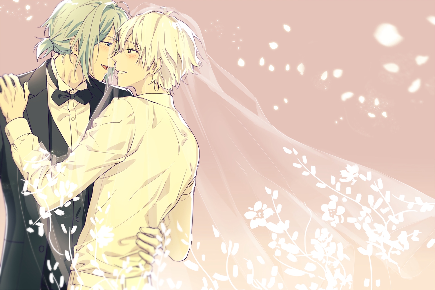 all_male, aqua_eyes, blonde_hair, blush, bow, green_hair, headdress, hug, idolish7, male, ousaka_sougo, pia, pink, ponytail, purple_eyes, short_hair, shounen_ai, suit, tie, waifu2x, wedding, wedding_attire, yotsuba_tamaki