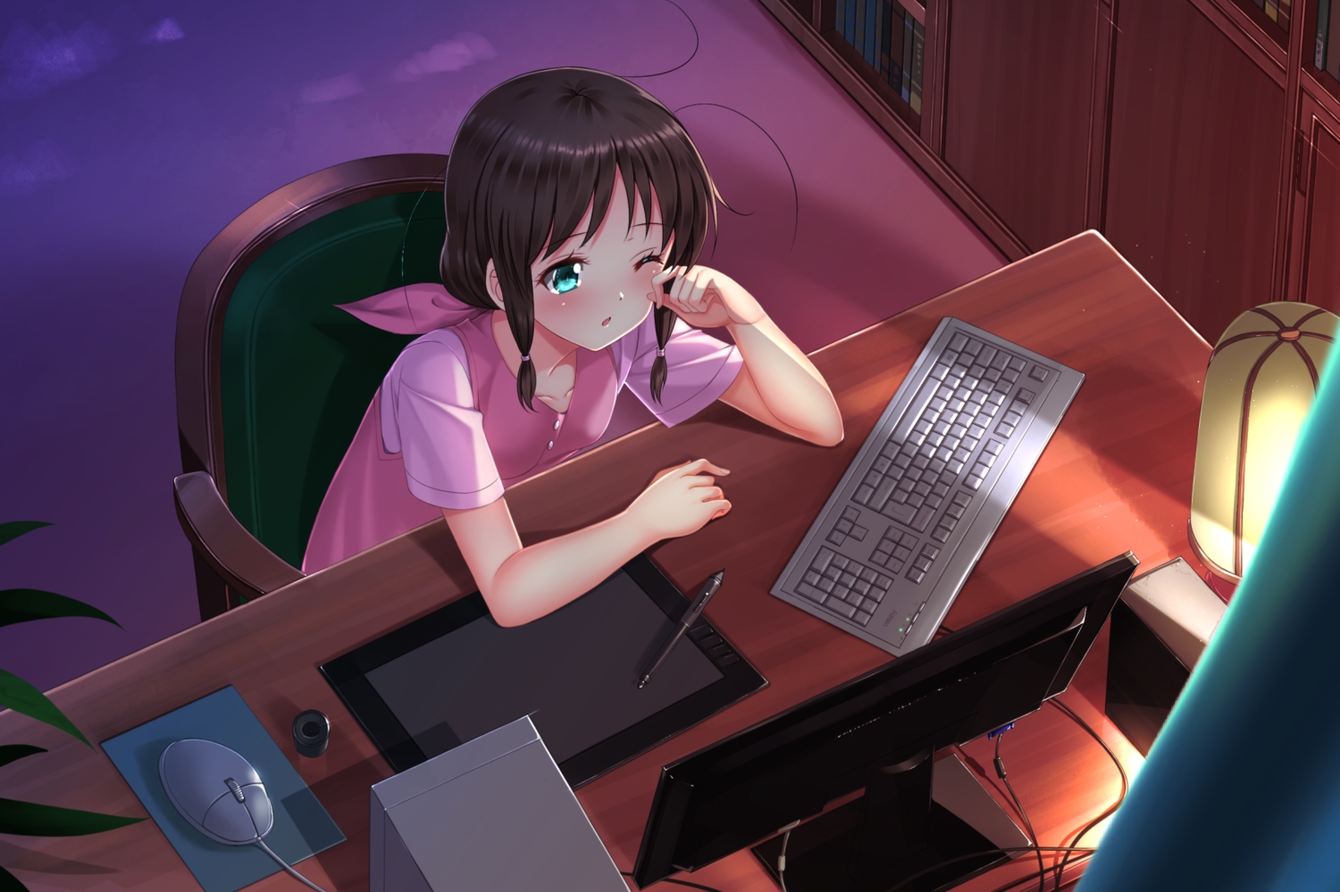 aqua_eyes, brown_hair, computer, honda_tamaki, stella_no_mahou, swordsouls, twintails, wink