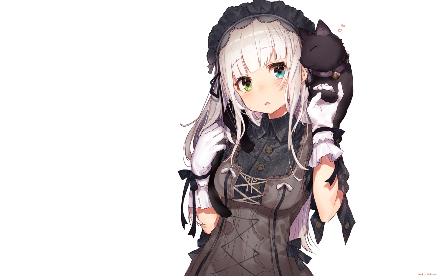 aliasing, animal, bell, bicolored_eyes, blush, bow, cat, collar, gloves, goth-loli, gray_hair, headdress, lolita_fashion, long_hair, mika_pikazo, original, ribbons, signed, white