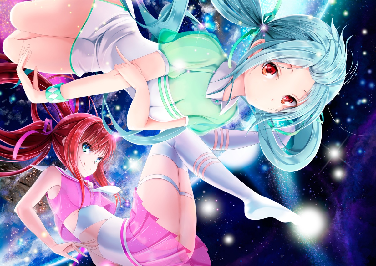 2girls, aqua_eyes, aqua_hair, ass, blush, bow, braids, breasts, cleavage, hinabita, hopper, long_hair, red_eyes, red_hair, ribbons, see_through, shinonome_kokona, shinonome_natsuhi, space, stars, thighhighs, tie, twintails, wristwear