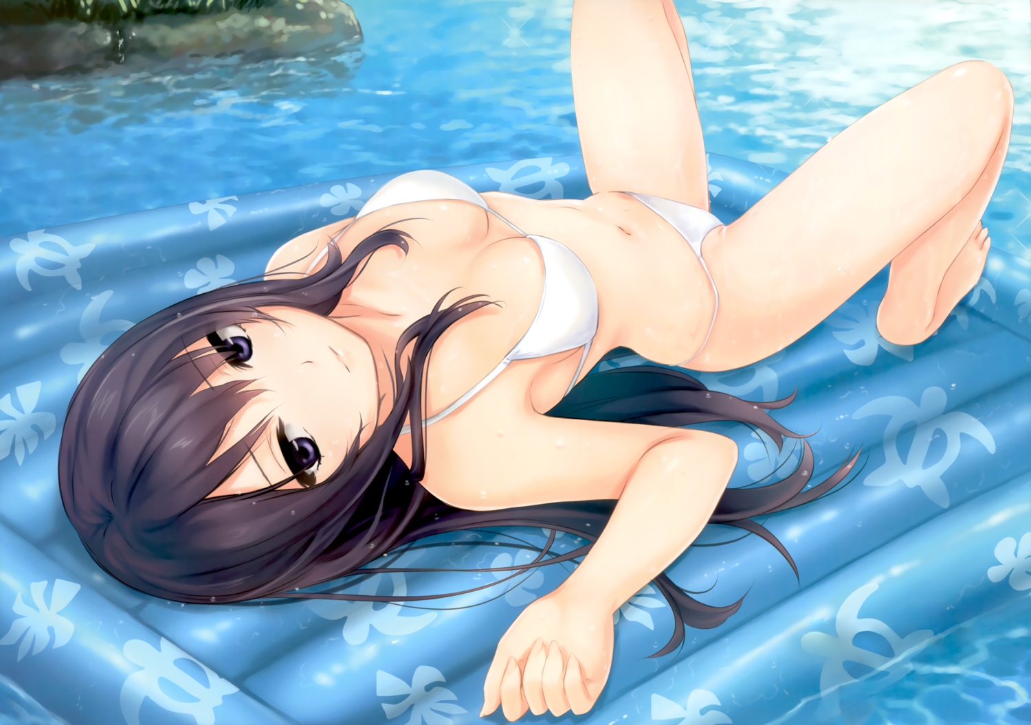 barefoot, bikini, blue_eyes, breasts, brown_hair, cleavage, coffee-kizoku, long_hair, navel, original, scan, shiramine_rika, spread_legs, swimsuit, third-party_edit, water