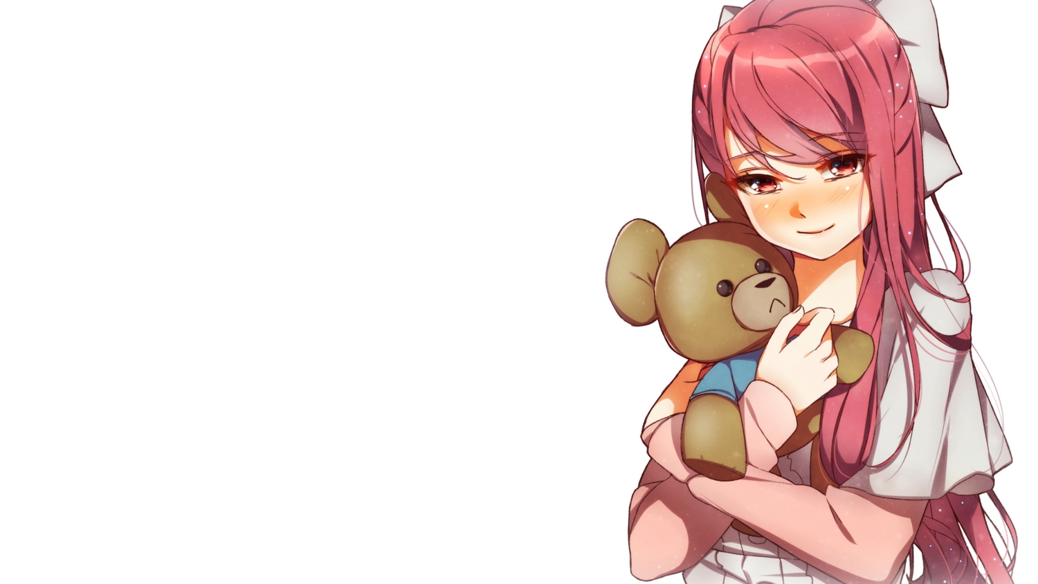 blush, bow, rakkou, red_eyes, red_hair, rin_(shelter), shelter, teddy_bear