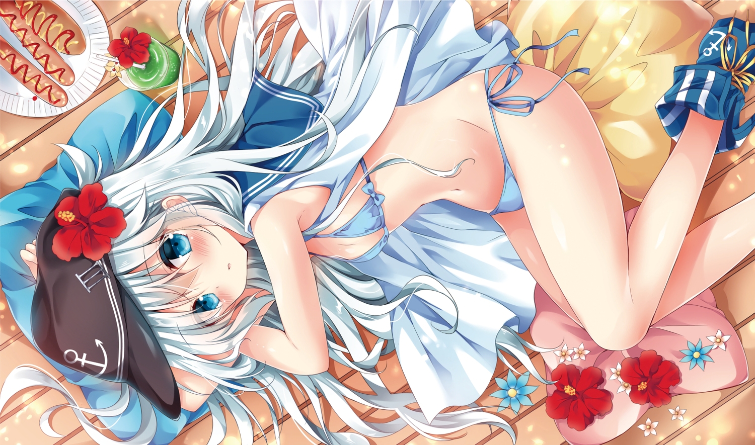 anthropomorphism, aqua_eyes, bikini, blush, boots, drink, flat_chest, flowers
