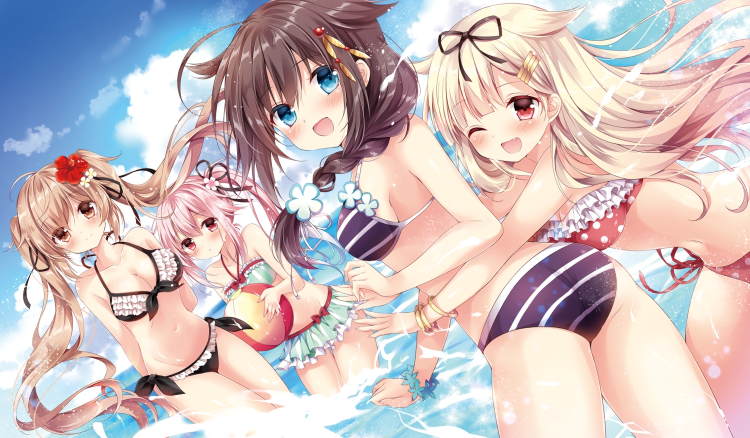 anthropomorphism, aqua_eyes, ass, ball, bikini, blonde_hair, blush, braids, breasts, brown_eyes, brown_hair, cleavage, clouds, fang, group, harusame_(kancolle), hug, kantai_collection, long_hair, murasame_(kancolle), navel, nogi_takayoshi, pink_eyes, pink_hair, ponytail, red_eyes, ribbons, shigure_(kancolle), sky, swimsuit, twintails, waifu2x, water, wink, wristwear, yuudachi_(kancolle)