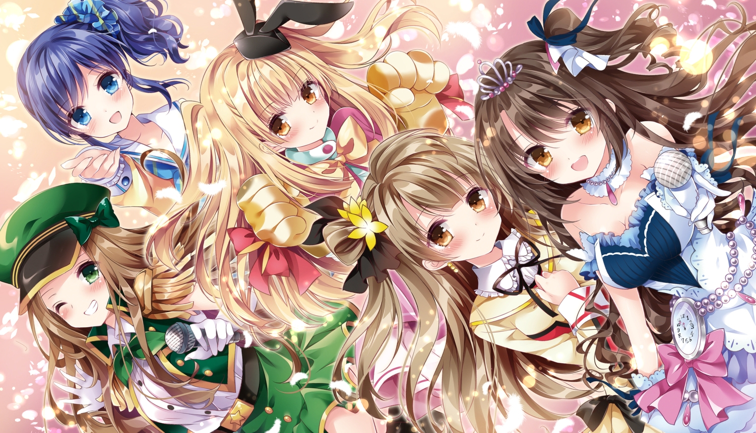 aikatsu!, animal_ears, aqua_eyes, blonde_hair, blue_hair, blush, bow, breasts, brown_eyes, brown_hair, bunny_ears, bunnygirl, cleavage, collar, crossover, dress, gloves, green_eyes, hat, idolmaster, idolmaster_cinderella_girls, kikuma_kaya, kiriya_aoi, long_hair, love_live!_school_idol_project, microphone, minami_kotori, nogi_takayoshi, orange_eyes, ponytail, ribbons, school_uniform, shimamura_uzuki, shinonome_sonata, skirt, tiara, twintails, waifu2x, wake_up_girls!, wink