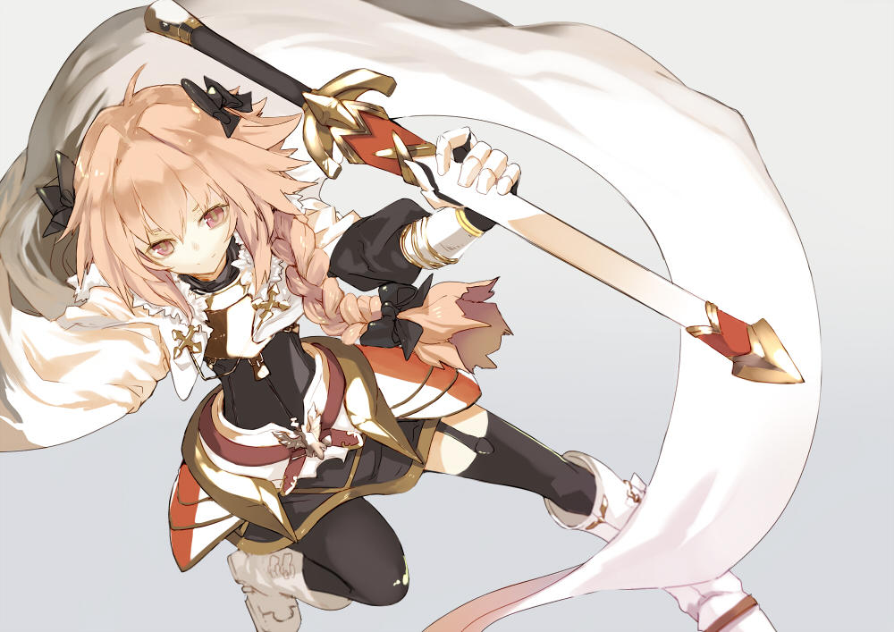 all_male, armor, astolfo, boots, braids, cape, dress, elbow_gloves, fate/grand_order, fate_(series), garter_belt, gloves, long_hair, male, otoko_no_ko, pink_eyes, pink_hair, ponytail, shiromiso, stockings, sword, thighhighs, weapon