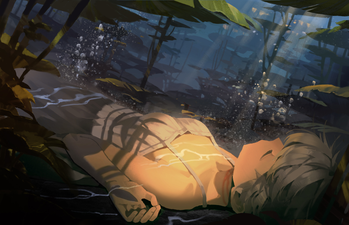 bubbles, dark, dress, gray_hair, leaves, original, sawana, short_hair, sleeping, summer_dress, underwater, water