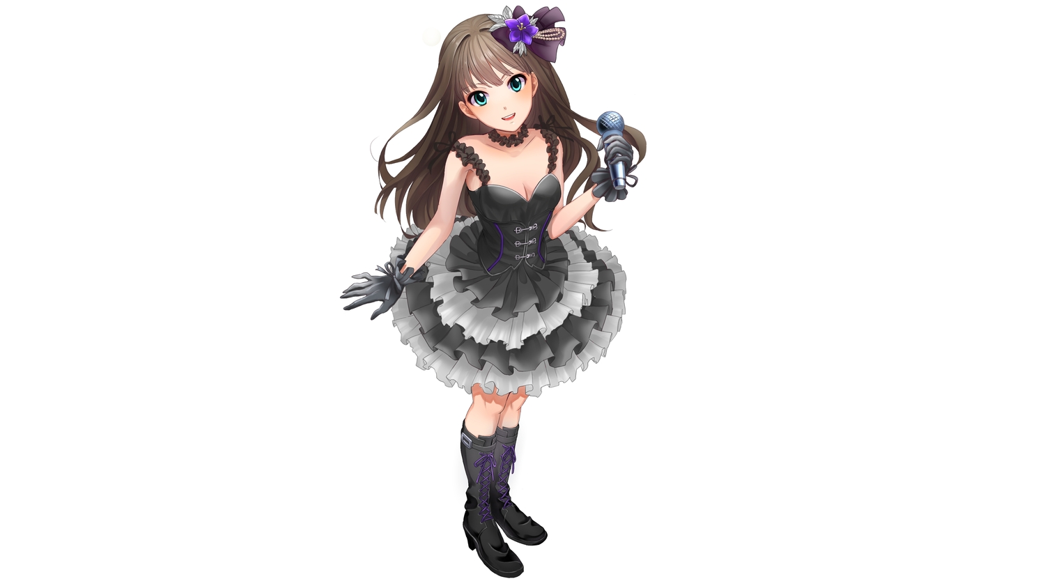 aqua_eyes, boots, brown_hair, choker, corset, dress, gloves, goth-loli, headdress, idolmaster, idolmaster_cinderella_girls, lolita_fashion, long_hair, microphone, shibuya_rin, utaka_(anyoanyot), white