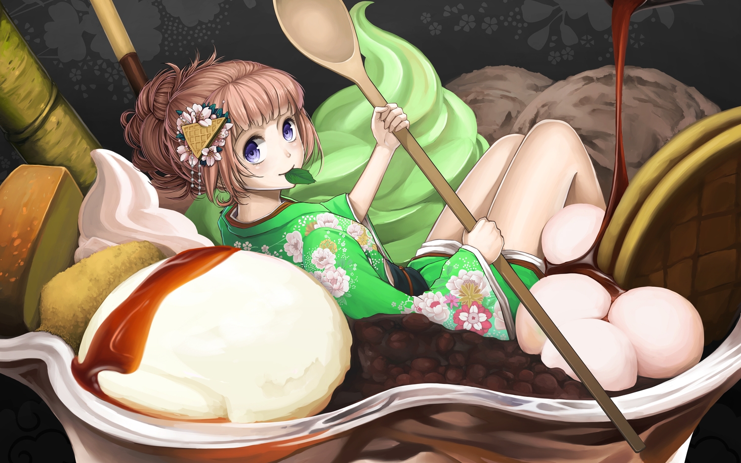 blue_eyes, brown_hair, food, headdress, japanese_clothes, jchoy, kimono, leaves, original, pocky