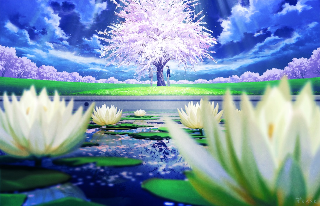 ai_(re:lief), cherry_blossoms, clouds, flowers, hood, male, mocha_(cotton), nitta_tsukasa, rask, re:lief_~shin'ai_naru_anata_e~, sky, tree, water