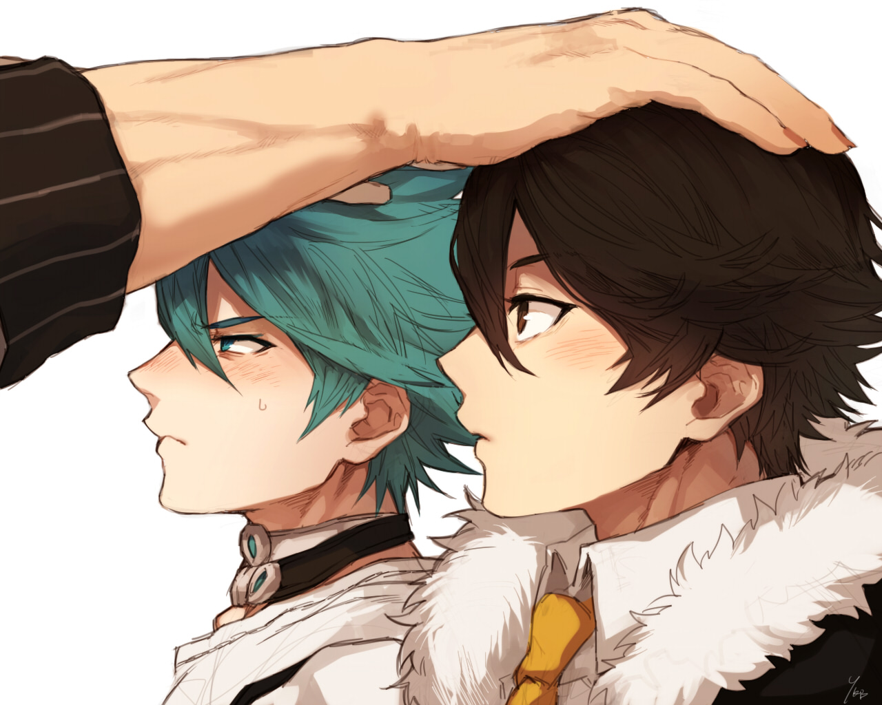all_male, aqua_eyes, aqua_hair, blush, brown_eyes, brown_hair, close, closers