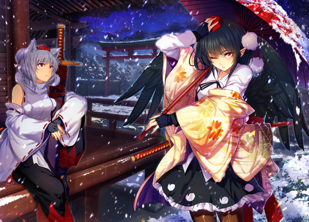 2girls, aliasing, animal_ears, black_hair, cibo_(killy), gloves, hat, inubashiri_momiji