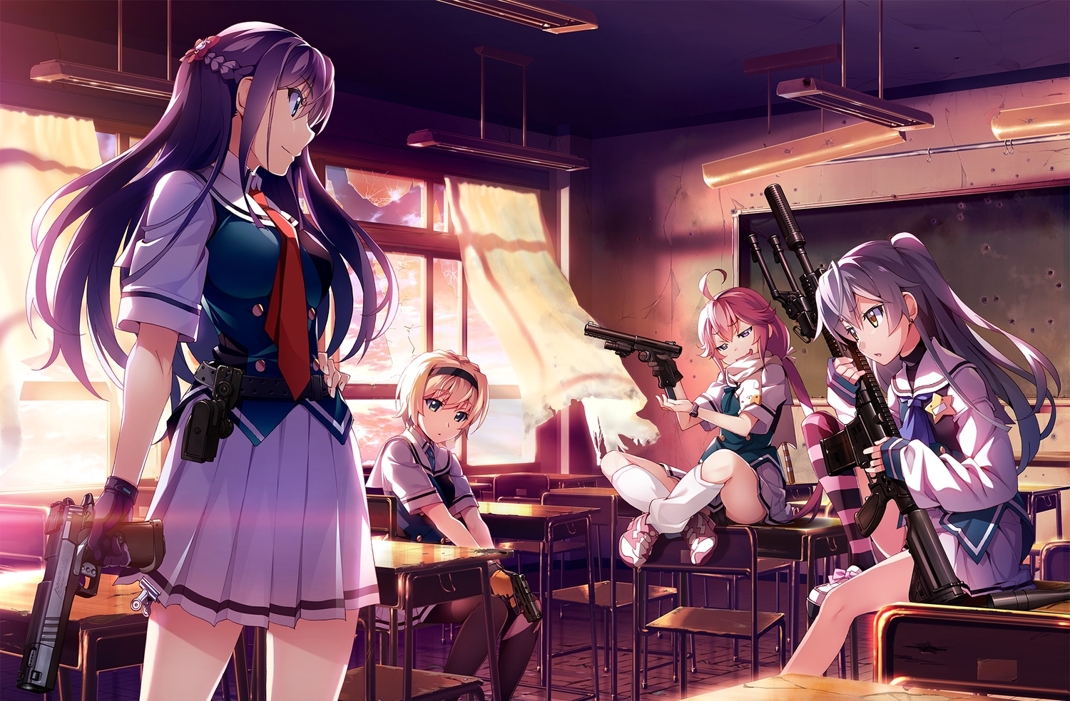 blonde_hair, braids, front_wing, fukami_reina, grisaia:_phantom_trigger, group, gun, headdress, ikoma_murasaki, kujirase_christina_sakurako, long_hair, orange_eyes, purple_eyes, purple_hair, scarf, school_uniform, shishigaya_touka, short_hair, skirt, tie, watanabe_akio, weapon