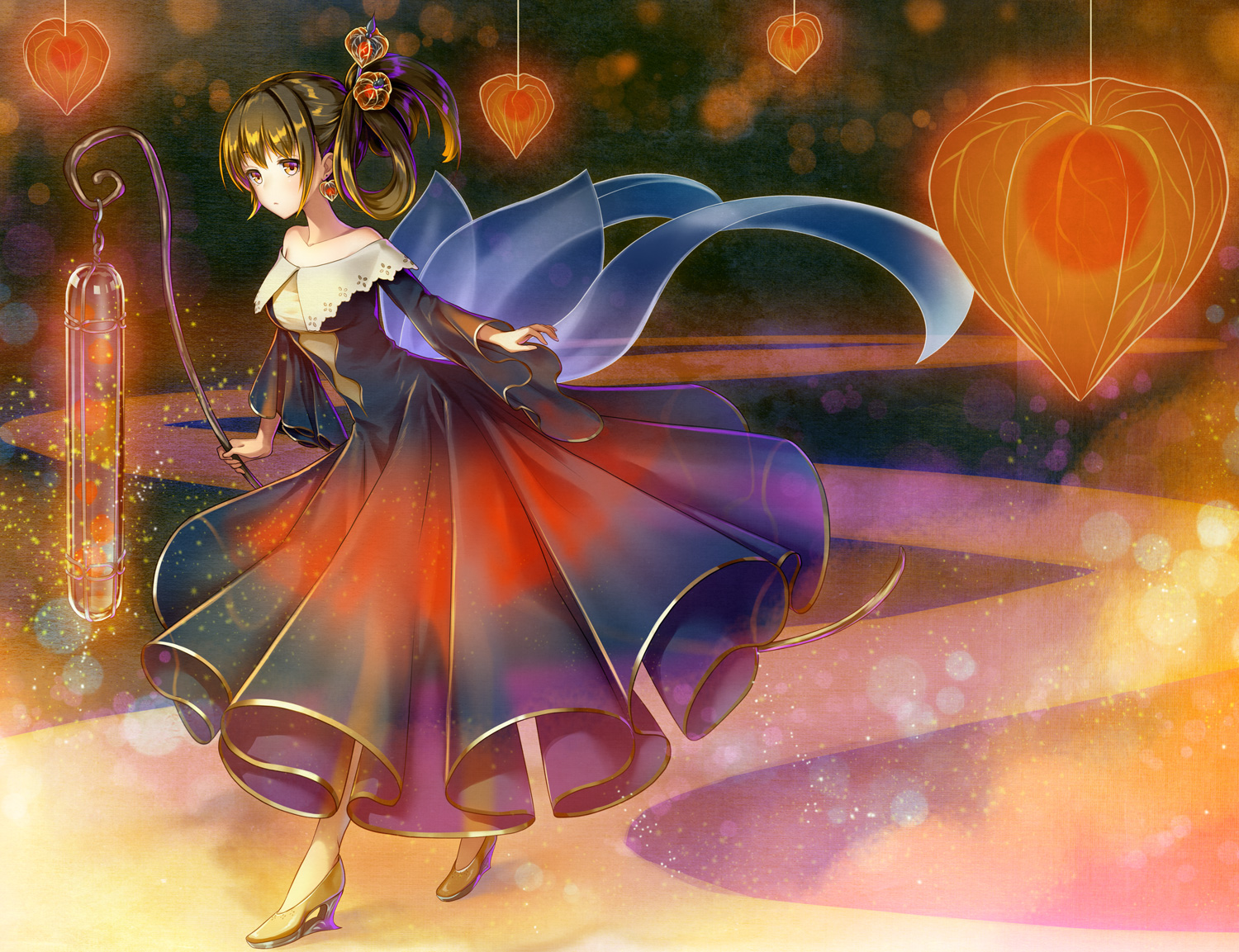 brown_hair, dress, food, fruit, headdress, long_hair, ne-on, orange_eyes