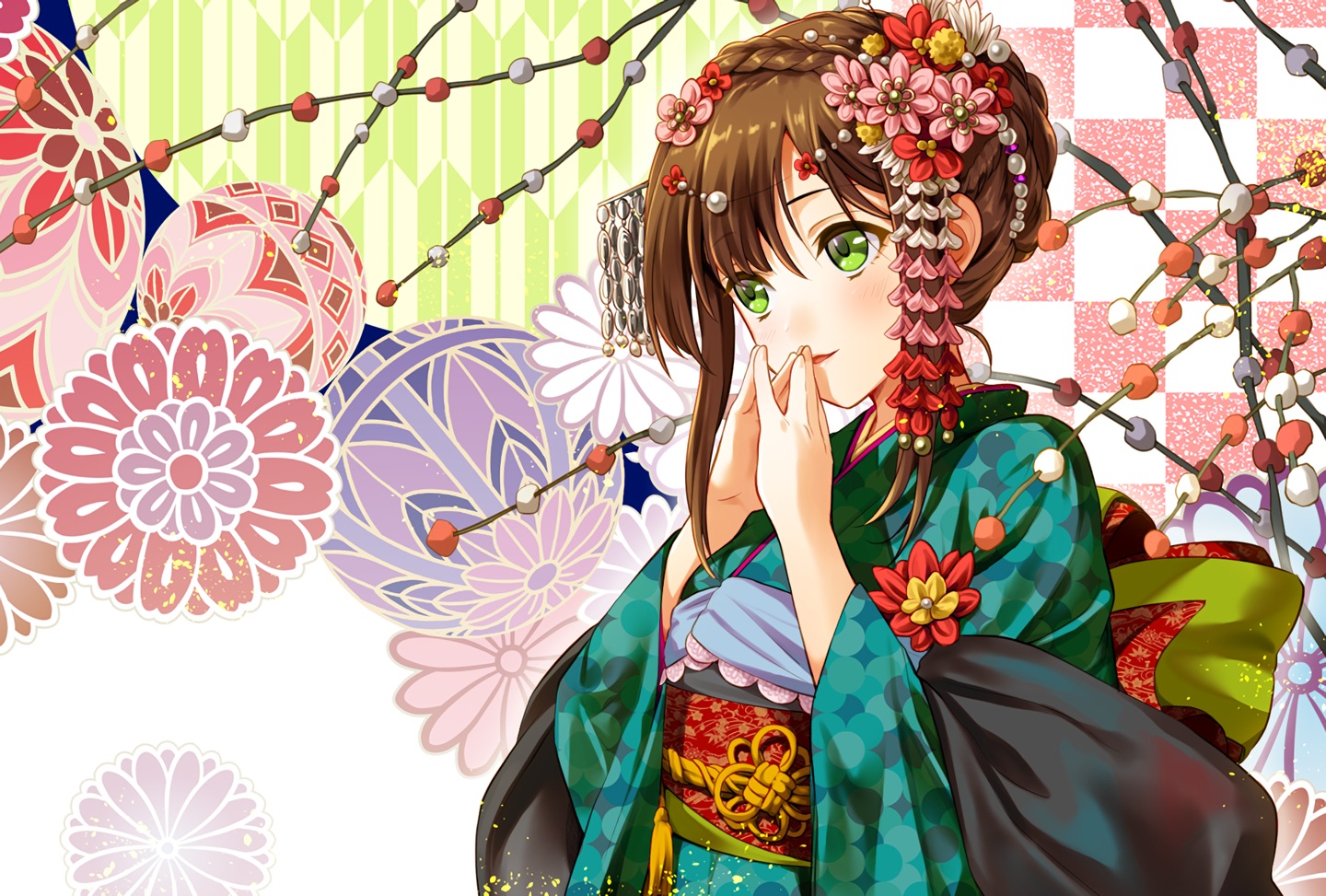 blush, braids, brown_hair, flowers, green_eyes, headdress, japanese_clothes, kimono
