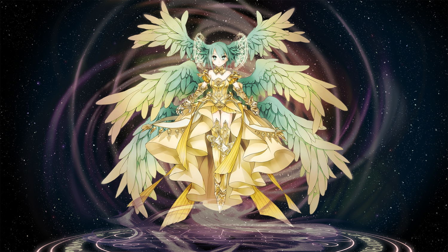 aqua_eyes, aqua_hair, armor, boots, dress, gloves, hatsune_miku, magic
