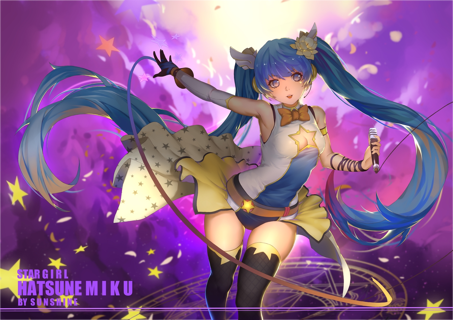 aliasing, aqua_hair, bow, breasts, elbow_gloves, gloves, halloween, hatsune_miku, headphones, long_hair, microphone, petals, sunshine, twintails, vocaloid