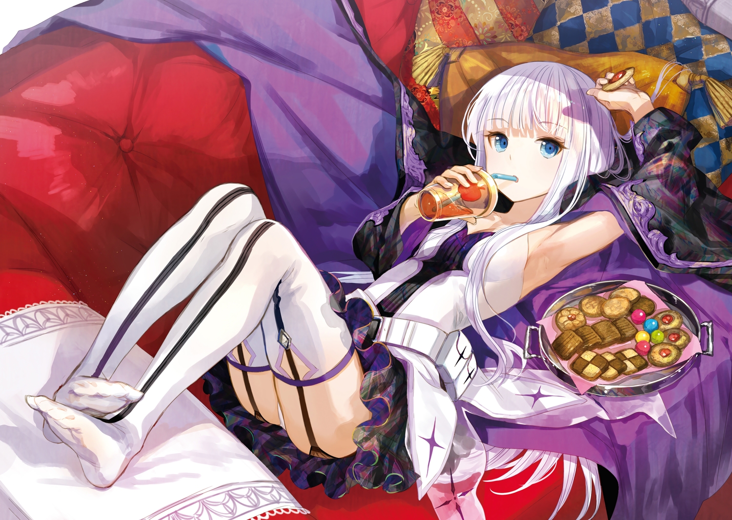 aqua_eyes, candy, couch, drink, food, fuji_choko, garter_belt, kenja_no_deshi_wo_nanoru_kenja, long_hair, mira_(kendeshi), panties, skirt, stockings, thighhighs, underwear, white_hair